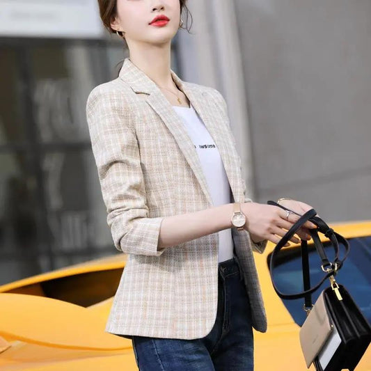 Blazer Women Spring Autumn Elegant Office Lady Plaid Single Button Female Jacket Clothes Houndstooth Blazer