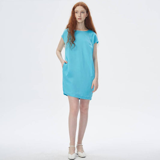 Summer Loose Straight Pleated Round Neck Short Sleeve Dress Chiffon Dress with Belt