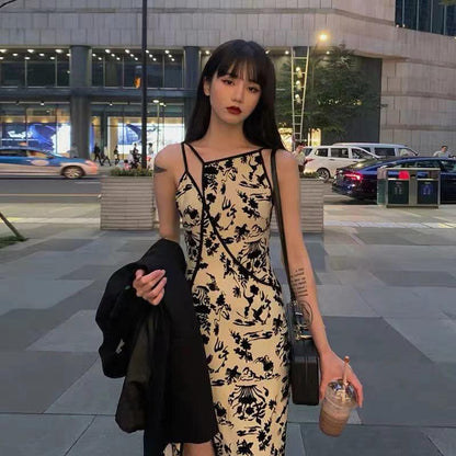 Spring Summer Sleeveless Split Dress French Niche Strap Temperament Retro Improved Cheongsam Dress