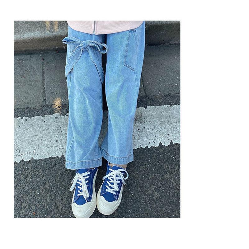 Niche Bowknot High Waist Personality Thickened Jeans Women's Straight Loose and Thin All-match Wide-leg Pants