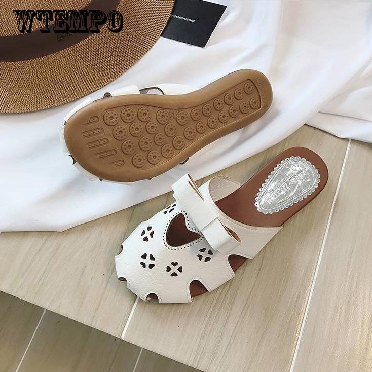 Summer Bow Carved Baotou Flat Bottom Half Drag Student Shoes