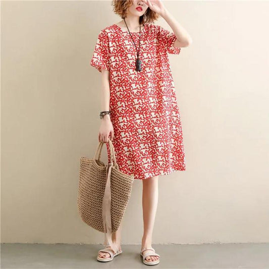 Summer Literary Plus Size Loose and Thin Floral Short-sleeved Dress Women's All-match Printed Mid-length Dress