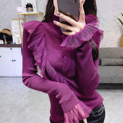 Women Sexy Lace Ruffles Base Jumper Turtleneck Solid Color Knitwear Slim Bottoming Sweaters