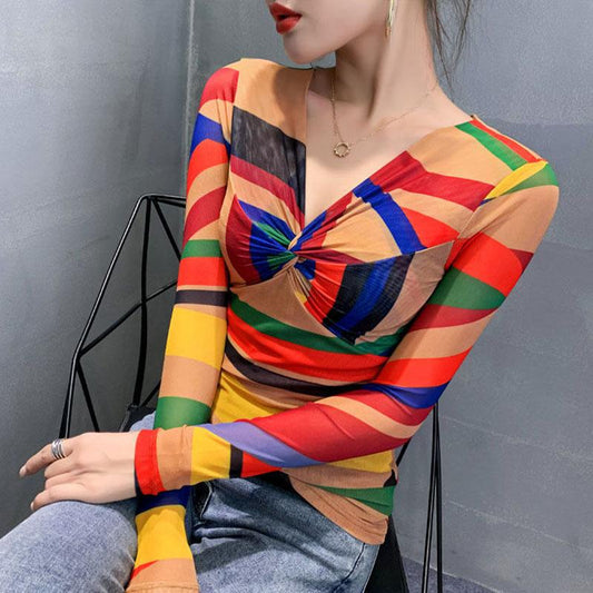 Women's Spring and Autumn Printed T-Shirt V-Neck Slim Long Sleeve Top