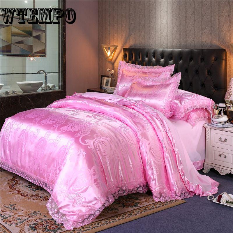 4PC Luxury Silk Cotton Satin Jacquard Bedding Set Duvet Cover Bed Sheet Pillowcases Bedclothe