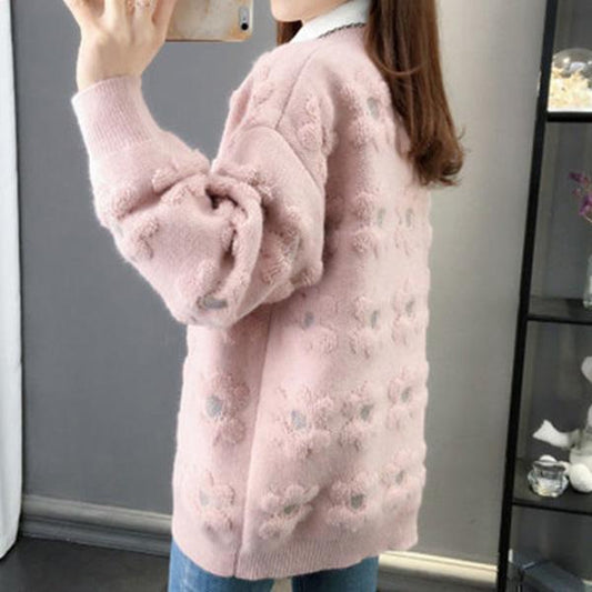 Mid-length Autumn and Winter Top Loose Casual Knit Cardigan Long-sleeved V-neck Sweater