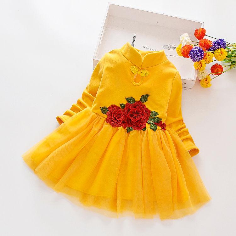 Kids Girls Embroidery Rose Long Sleeve Wedding Birthday Party Princess Dress Children Retro Net Patchwork Tutu Dresses