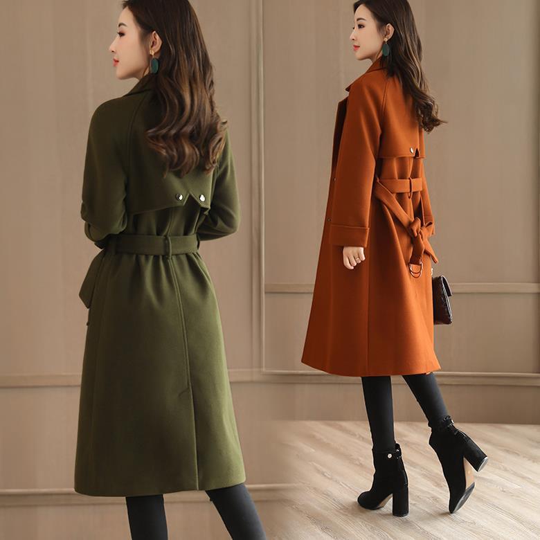 Long Women's Coat Lapel Pocket Belted Jackets Solid Color Coats Female Elegant Outerwear Ladies Coat