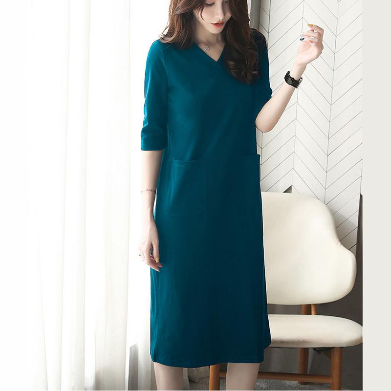 Ladies Dress Solid Color Five-quarter Sleeves Spring and Summer V-neck Large Pockets Pure Cotton Sweat-absorbing Soft and Comfortable