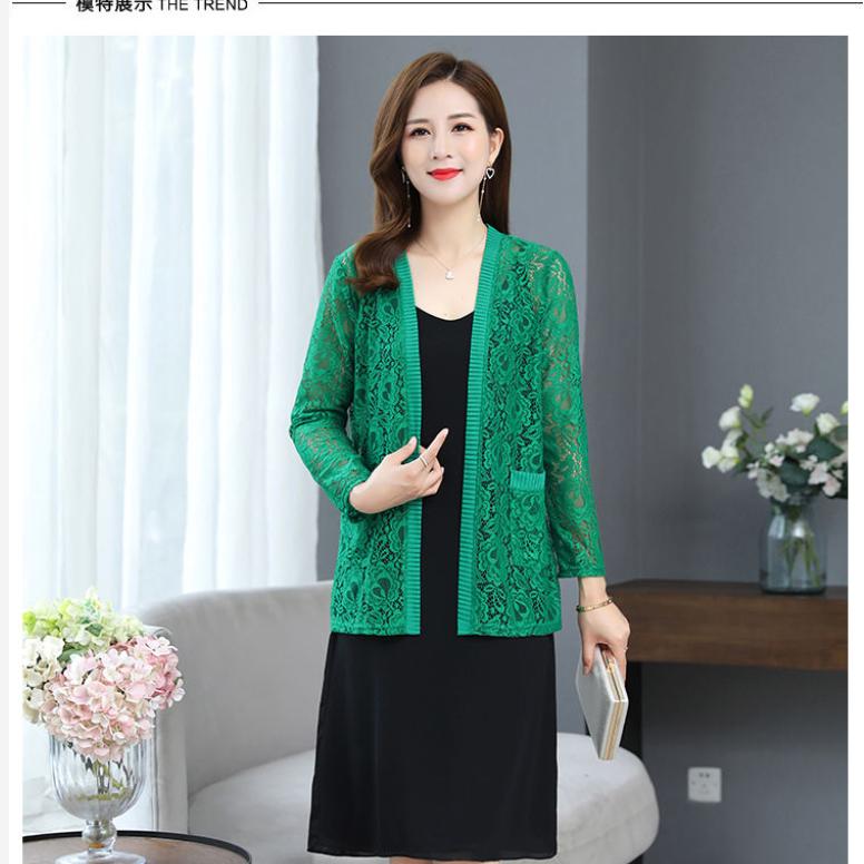 Summer Season Large Size Women's Clothing Mid-length Lace Cardigan Thin Coat Outside Long Sleeve Sun Protection Clothing