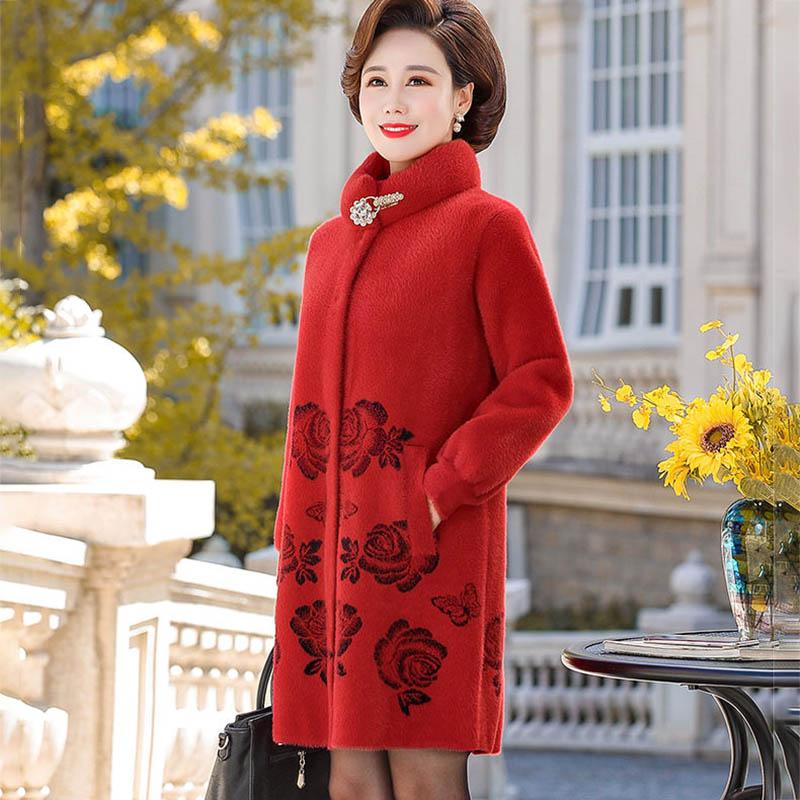 Mother Wear Winter Imitation Mink Velvet Coat Women Middle-aged and Elderly Women's Mid-length Coat