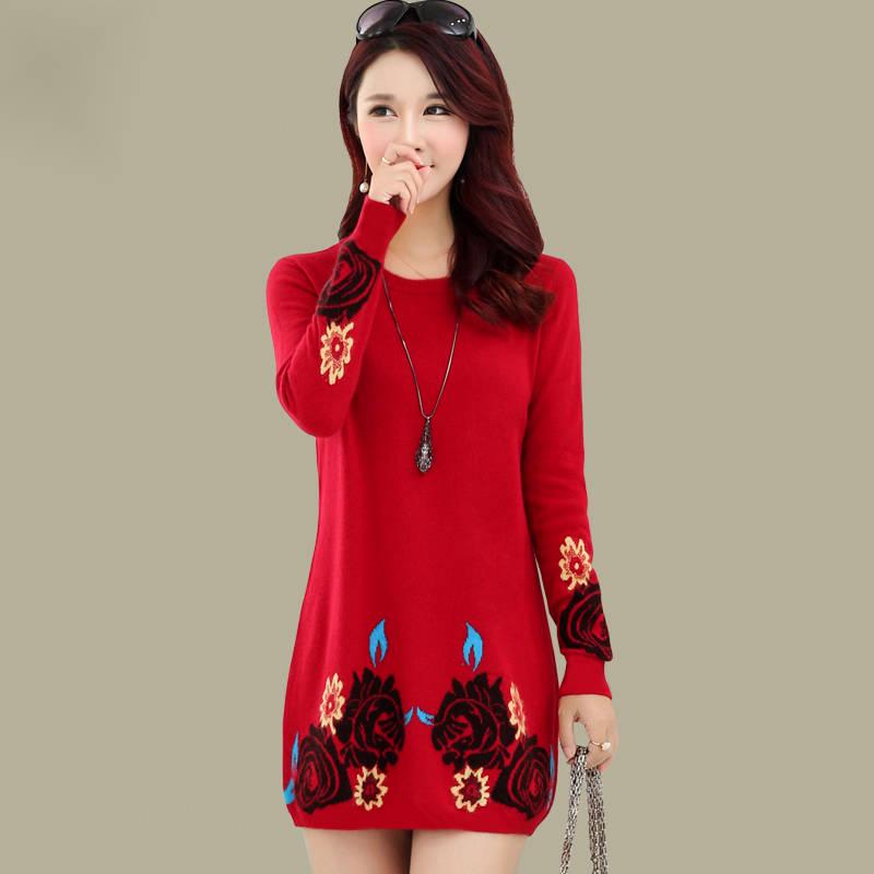 Pofulove fashion women's printed turtleneck plus velvet thick long-sleeved loose dress Plus size