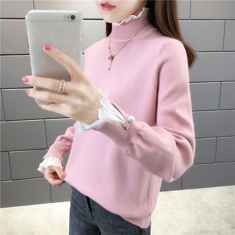 Plus Velvet Thick Warm Sweater Women  Ruffles Lace Stitching Collar Pullover Sweater Short Stretchable Slim Knitwear Jumper