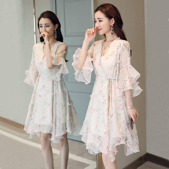 Pofulove S-4XL Women Summer High-end Floral Chiffon Dress Slim Thin Long V-neck A-line Beach Dress