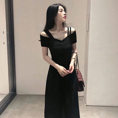 Sling Dress Women's V-neck Strapless Slim Slimming Waist Hepburn Style Black Dress Women's Strapless Elegant Black Dress