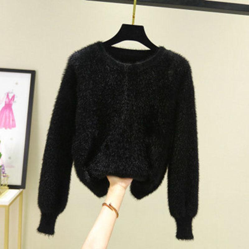 Autumn Winter Women's Knitted Pullovers Sweater O-NECK Lantern Sleeve Mink Cashmere Thick Keep Warm
