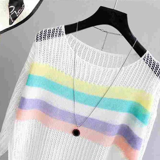 Cutout Knit Sun Blouse Loose Thin Top Women's Contrast Stripe Cutout Hollow Knit Sweater Women's Sexy See-through Dress