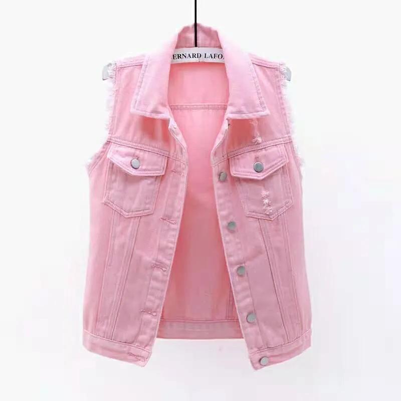Multi-color Denim Vest Women's Short Spring Summer All-match Slim Raw Edge Sleeveless Jacket Ripped Tops
