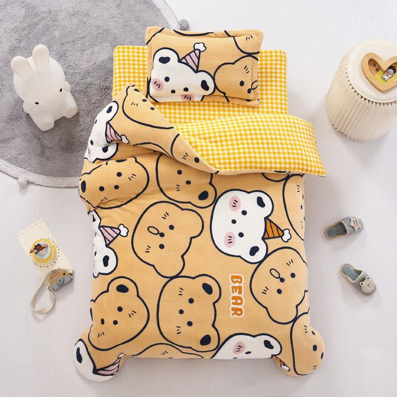 Children's Bed Three-piece Pillowcase Quilt Cover Sheet Milk Velvet Warm Bed Set Cartoon Animals