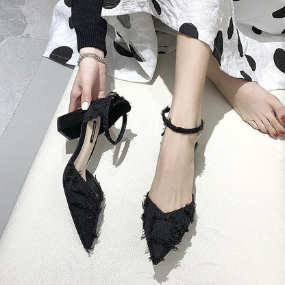 Stiletto High Heels Spring Style All-match Pointed Toe Strap French Toe Cap Spring Hollow Thick Heel Shoes