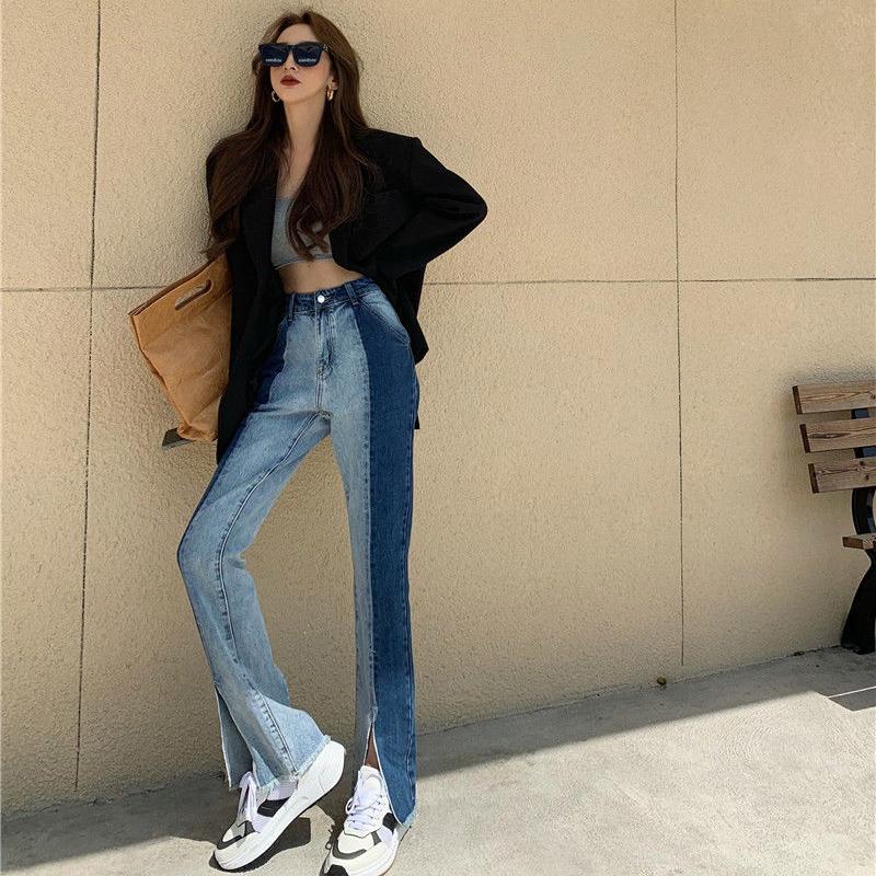 Spring Design Sense Stitching Split Straight Jeans Women Loose Thin  All-match Drape Mopping Trousers