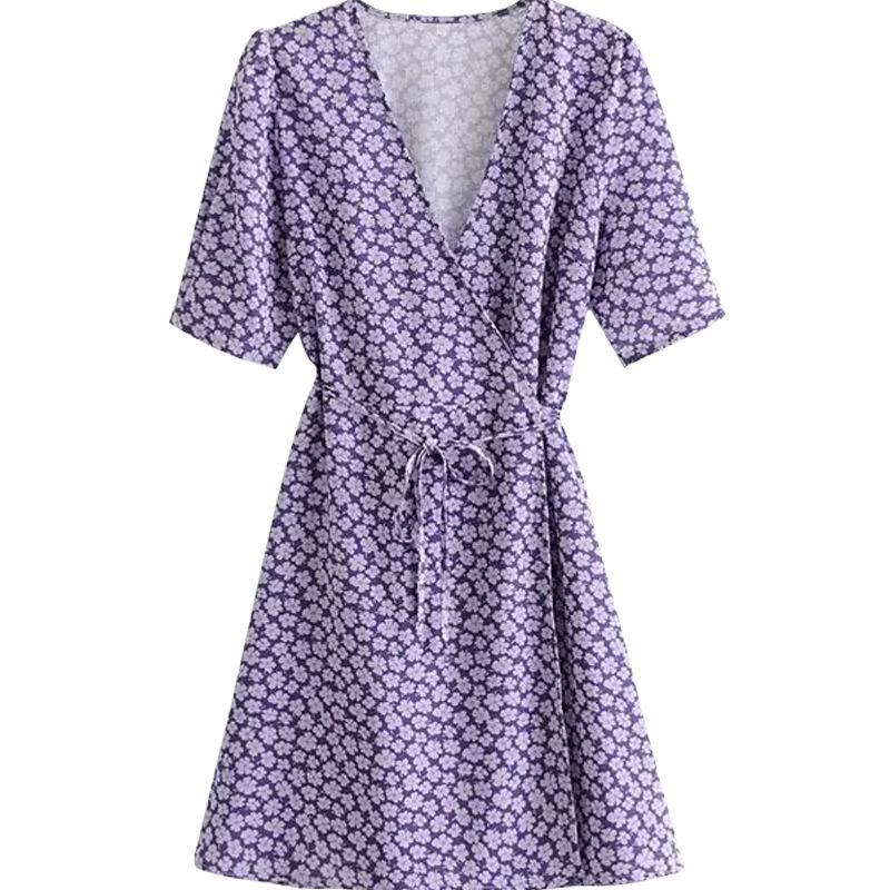 Summer Sexy Floral Short Skirt Female Was Thin V-neck Printed Lace Short-sleeved Tight-fitting Dress Irregular Chiffon Skirt