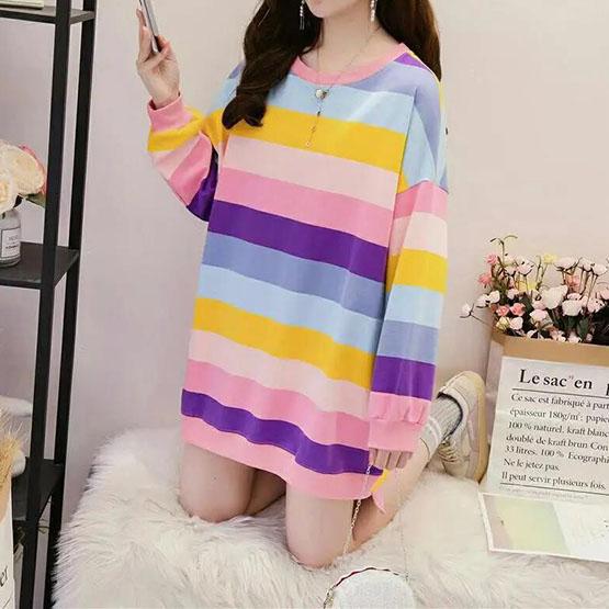 Women's Autumn Plush Mid-length Loose Tops Female Large Size Long Sleeve Rainbow Striped T-shirts