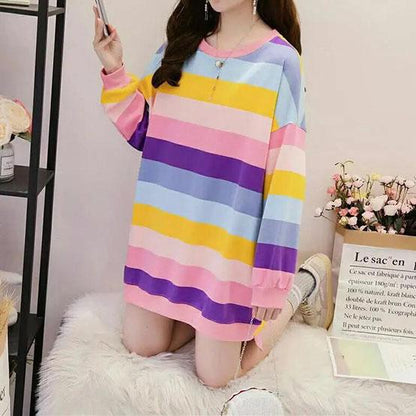 Women's Autumn Plush Mid-length Loose Tops Female Large Size Long Sleeve Rainbow Striped T-shirts