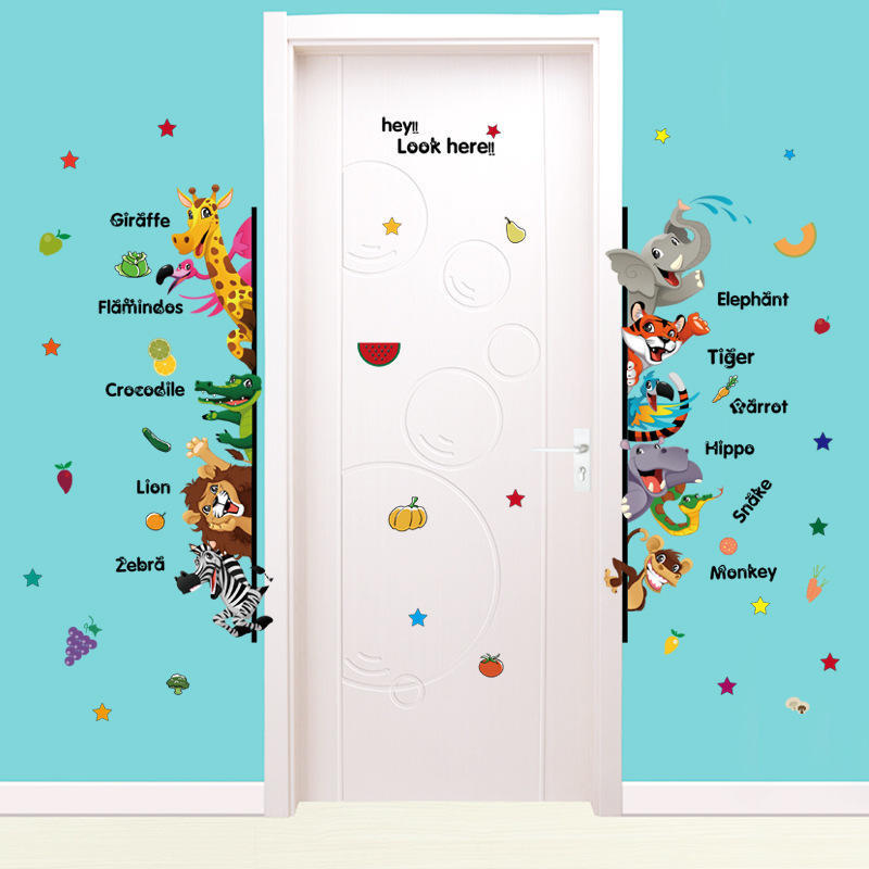 Cartoon Animal English Children's Door Kindergarten Decoration Fun Wall Stickers removable wallpaper