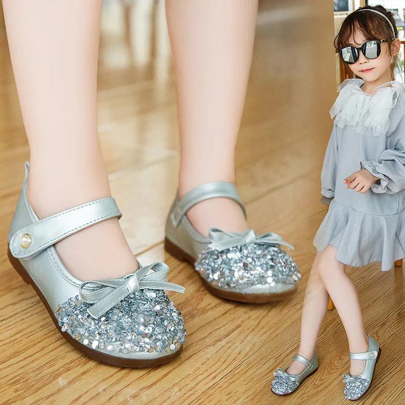 Girls' Leather Shoes Spring and Autumn Non-slip Soft Sole Children's Single Shoes Baby Peas Shoes Crystal Girl Princess Shoes