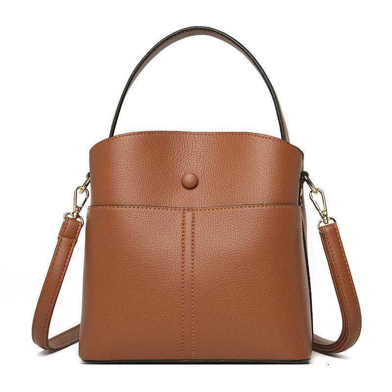 Real Cowhide Women Bucket Bag Casual Female Handbag Portable Multi-Layer Large Capacity Soft Surface 5 Colors