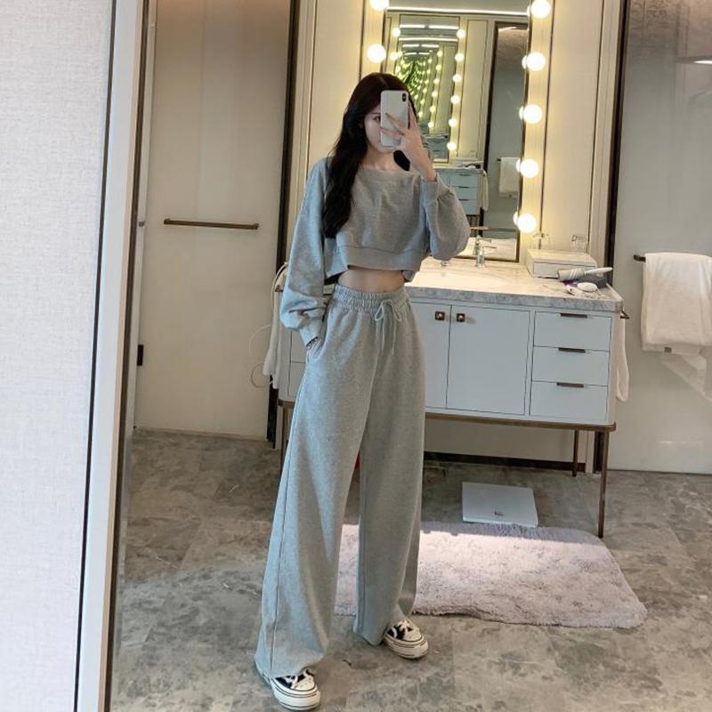 Short Sweater + Thin Wide-leg Pants Two-piece Suit Women's Casual Sports Suit Long-sleeved Short Top Loose Wide-leg Pants