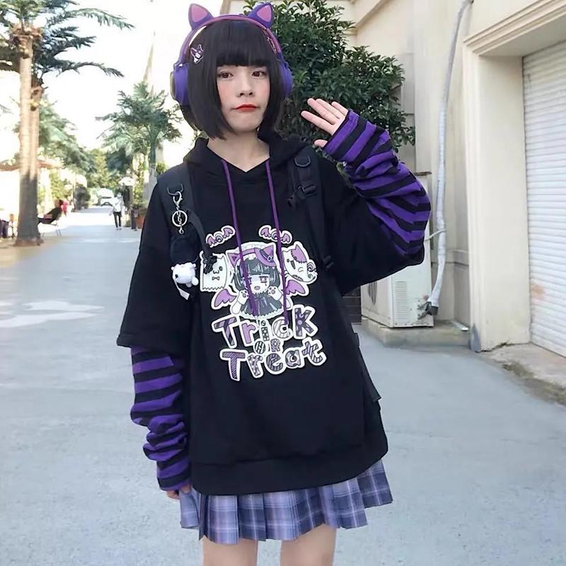 Autumn Winter Sweatshirts Women Anime Pullover Hoodies Fake Two Piece Striped Sleeve Oversized Loose Fashion Black Sportshirts Hip Hop Hooded Tops