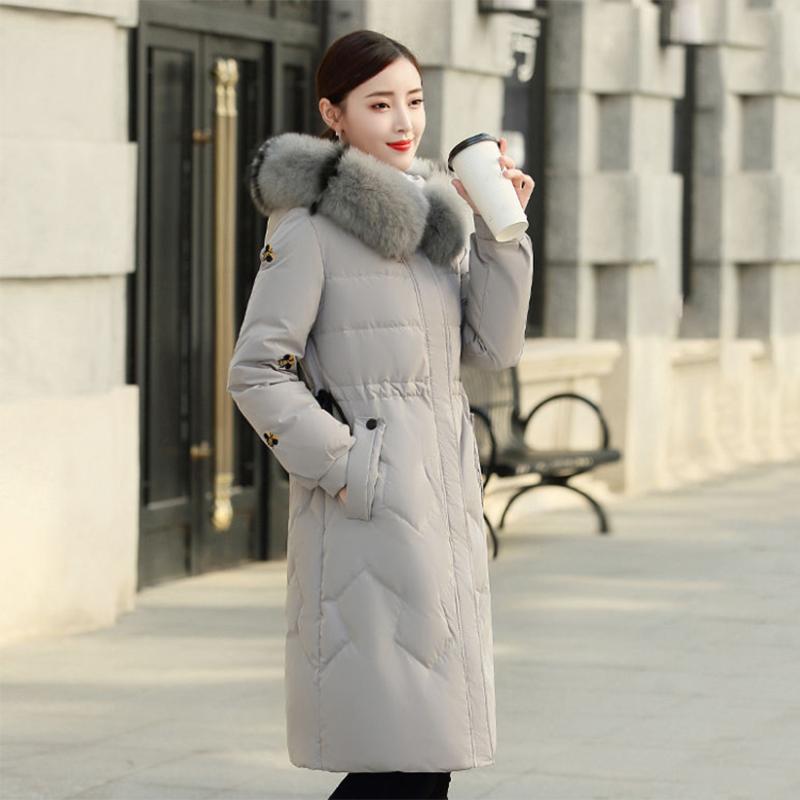 Women's Solid Color Embroidered Down Jacket Mid-length Korean Style Loose Thick Coat Warm Cotton Coat Large Fur Collar Winter Quilted Jacket