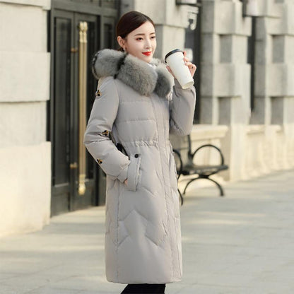 Women's Solid Color Embroidered Down Jacket Mid-length Korean Style Loose Thick Coat Warm Cotton Coat Large Fur Collar Winter Quilted Jacket