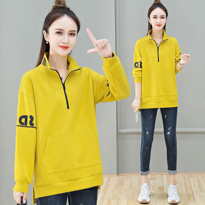 Mid-length Stand-up Collar Cotton Sweat Women Spring and Autumn Loose Pullover Blouse Fashionable Slim Coat