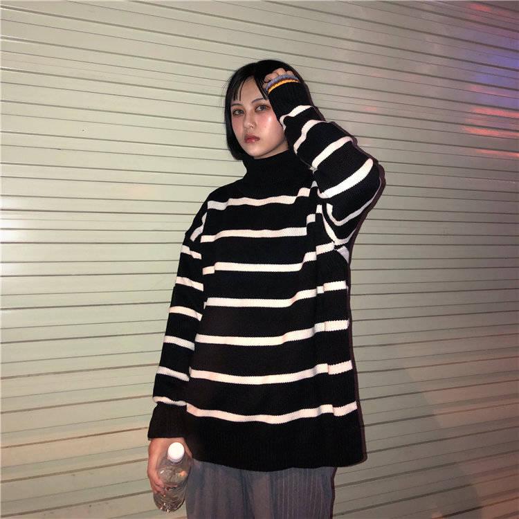 Pofulove Striped Embroidered Turtleneck Women's ulzzang Students Loose Contrast Color Sweater Coat