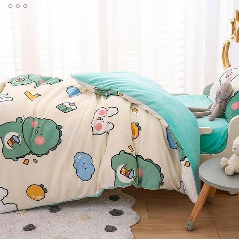 Children's Bed Three-piece Soft Skin-friendly Pillowcase Quilt Cover Sheet Milk Velvet Warm Bed Set Baby Bedding