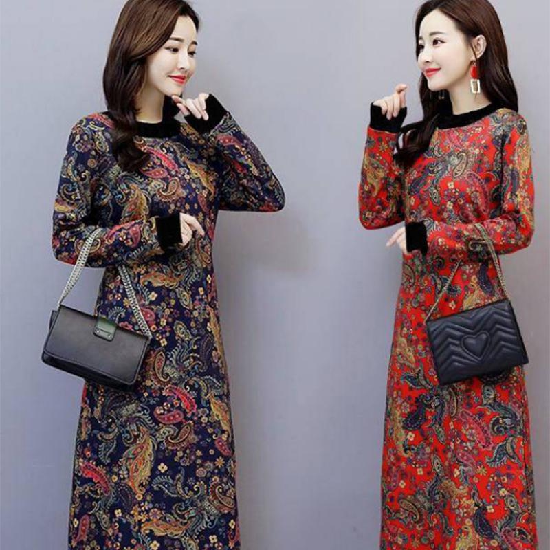 Pofulove Retro Plus Velvet Dress Female Turtleneck Over Knee Long Skirt Plus Size Cover Belly Fat