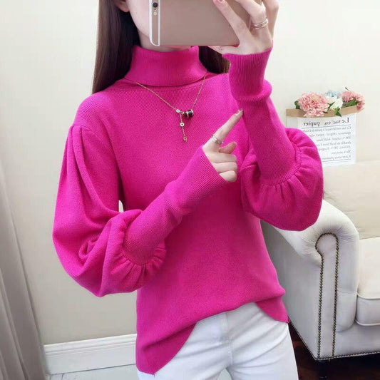 Core-spun High-neck Slim-fit Sweater Women Autumn and Winter Lantern Sleeve Knit Top Fashion Loose Bottoming Shirt Tide