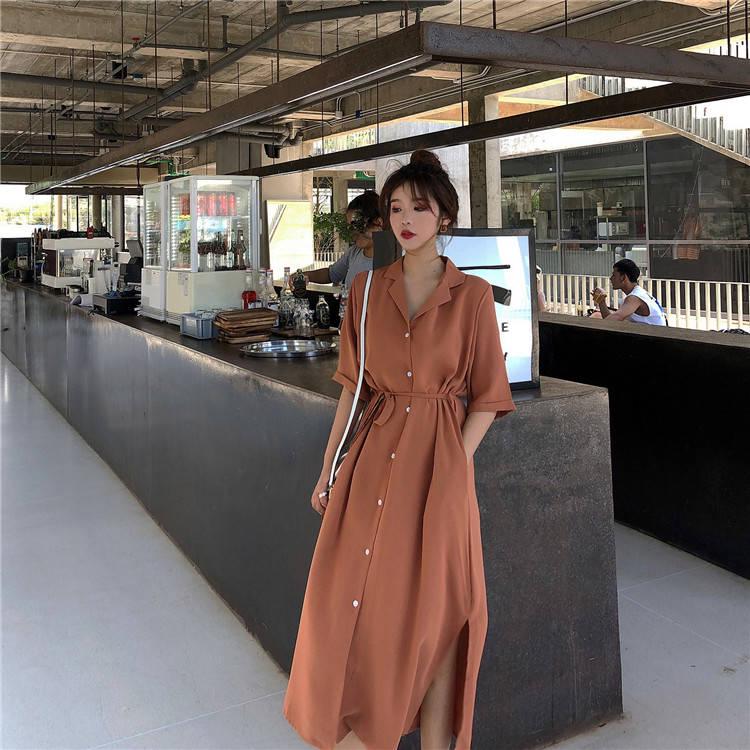 Casual Sashes A Line Women Dress Ladies Lapel Party Dress Summer Elegant Long Dress Shirt Dress