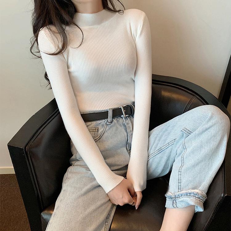 Pure Color Spring and Autumn Ladies Half High Neck Long Sleeve Sweater Bottoming Shirt Slim Half High Neck Sweater
