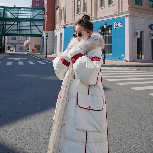 Winter Fluffy Fur Collar Hooded Long Over-the-knee Women's Down Cotton Jacket Women's Bread Jacket Cotton Jacket Women's Loose Casual Winter Jacket