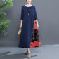 Cotton and Linen Dress Women Spring and Summer Round Neck 3/4 Sleeve Ethnic Style Stitching Large Size Dress