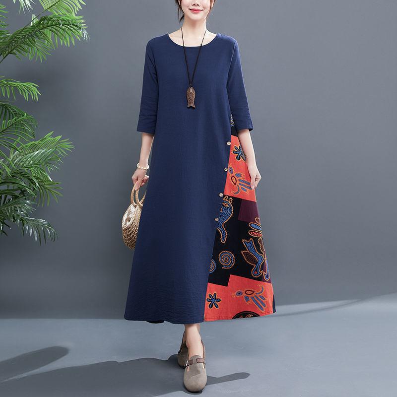 Cotton and Linen Dress Women Spring and Summer Round Neck 3/4 Sleeve Ethnic Style Stitching Large Size Dress