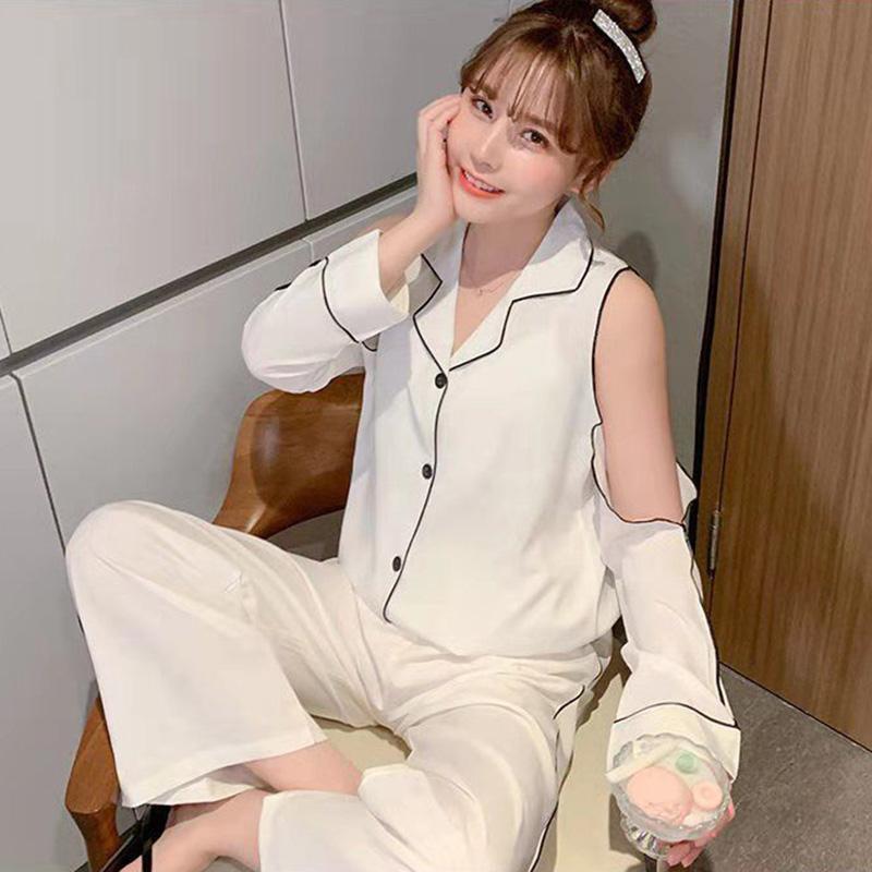 Women's  Ice Silk Sexy Off-the-shoulder Long-sleeved Pajamas Set Spring Thin Lapel Loose Home Wear Suits Solid Comfortable Sleeping Suit