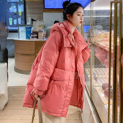 Mid-length Down Jacket Women's Winter Women's Hooded Stand-up Collar Loose Thick Bread Coat Jacket Winter Warmth Thick Cotton Jacket