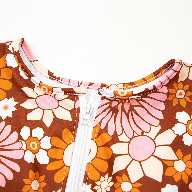 70's Long Sleeve Swimsuit, Vintage Floral Print Sun Protection One Piece