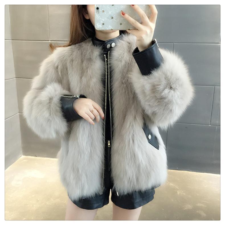 Fur Coat Women Faux Fox Fur PU Leather Stitching Jacket Short Thick Furry Coat Winter  Female Outwear