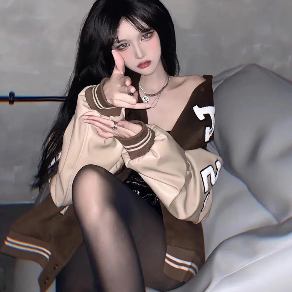 Women's Retro Baseball Uniform Autumn and Winter Loose All-match Vintage Stitching PU Leather Sleeve Jacket Jacket Ins Zipper Cardigan Student Jacket